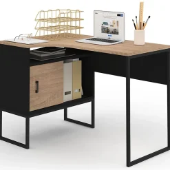 Bureau d'angle ROB noir et façon hêtre niche de rangement et porte design industriel