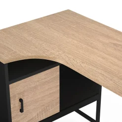 Bureau d'angle ROB noir et façon hêtre niche de rangement et porte design industriel