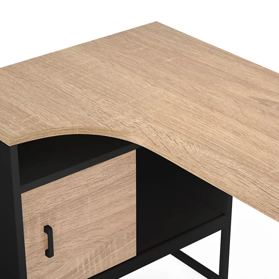 Bureau d'angle ROB noir et façon hêtre niche de rangement et porte design industriel