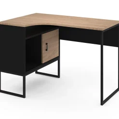 Bureau d'angle ROB noir et façon hêtre niche de rangement et porte design industriel