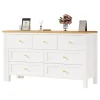 Bureau d'Angle 120x40x70 cm - Buffet avec Bureau 2-en-1, 7 Tiroirs, Plateau Pivotant, Rangement Latéral - Blanc/Naturel