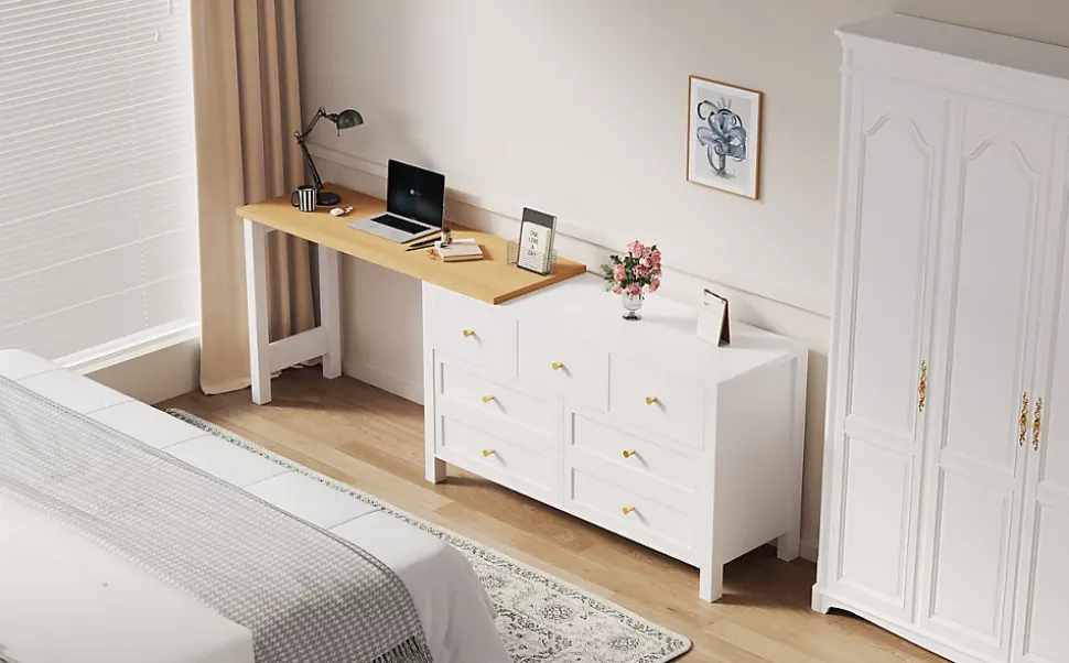 Bureau d'Angle 120x40x70 cm - Buffet avec Bureau 2-en-1, 7 Tiroirs, Plateau Pivotant, Rangement Latéral - Blanc/Naturel