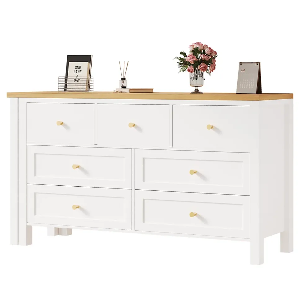 Bureau d'Angle 120x40x70 cm - Buffet avec Bureau 2-en-1, 7 Tiroirs, Plateau Pivotant, Rangement Latéral - Blanc/Naturel