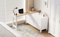 Bureau d'Angle 120x40x70 cm - Buffet avec Bureau 2-en-1, 7 Tiroirs, Plateau Pivotant, Rangement Latéral - Blanc/Naturel