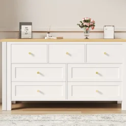 Bureau d'Angle 120x40x70 cm - Buffet avec Bureau 2-en-1, 7 Tiroirs, Plateau Pivotant, Rangement Latéral - Blanc/Naturel