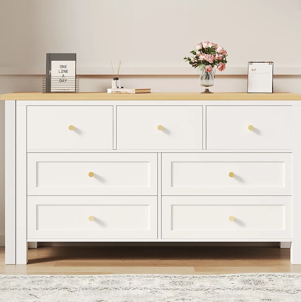 Bureau d'Angle 120x40x70 cm - Buffet avec Bureau 2-en-1, 7 Tiroirs, Plateau Pivotant, Rangement Latéral - Blanc/Naturel