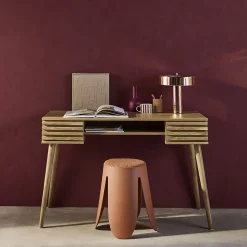 Bureau décor bois 2 tiroirs MADERE naturel. 1 casier. façade rainurées. 120 x 55 x 76.5 cm