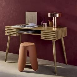 Bureau décor bois 2 tiroirs MADERE naturel. 1 casier. façade rainurées. 120 x 55 x 76.5 cm