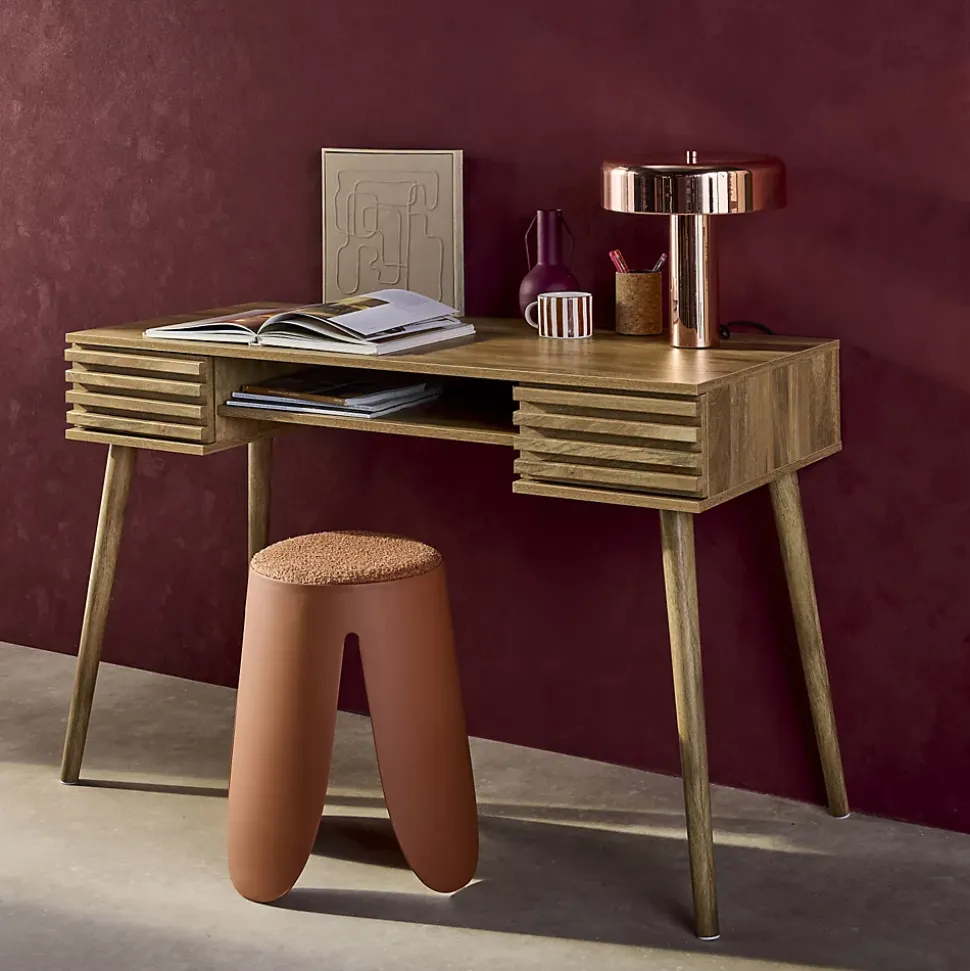 Bureau décor bois 2 tiroirs MADERE naturel. 1 casier. façade rainurées. 120 x 55 x 76.5 cm