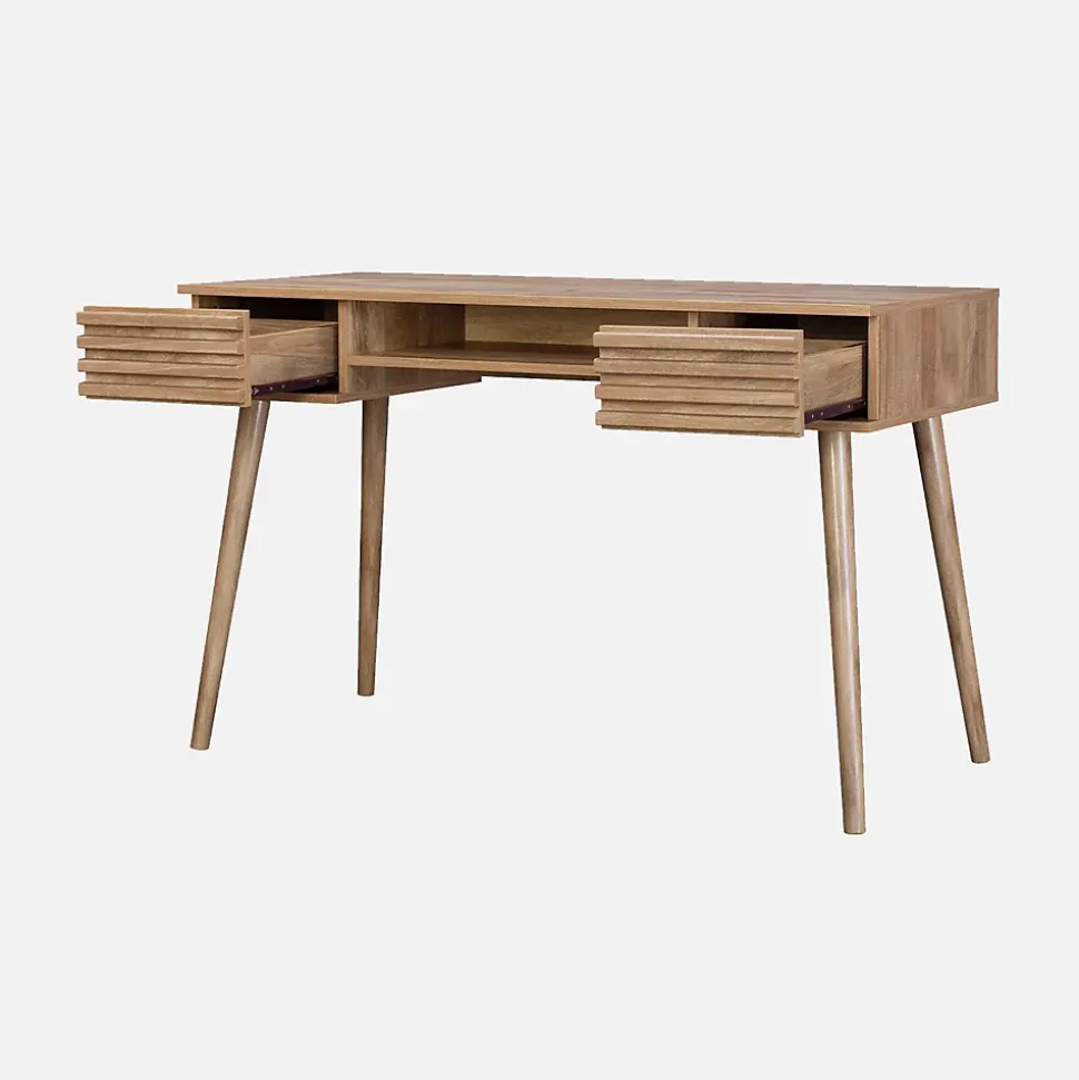 Bureau décor bois 2 tiroirs MADERE naturel. 1 casier. façade rainurées. 120 x 55 x 76.5 cm