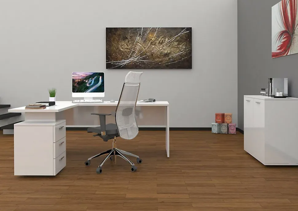 Bureau Dguarin, Bureau d'angle PC, Table de bureau polyvalente, Bureau gain de place multi-positions, 160x60h75 cm, Blanc brillant