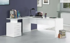 Bureau Dguarin, Bureau d'angle PC, Table de bureau polyvalente, Bureau gain de place multi-positions, 160x60h75 cm, Blanc brillant