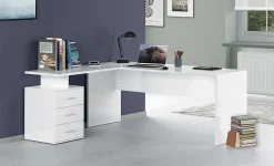 Bureau Dguarin, Bureau d'angle PC, Table de bureau polyvalente, Bureau gain de place multi-positions, 160x60h75 cm, Blanc brillant