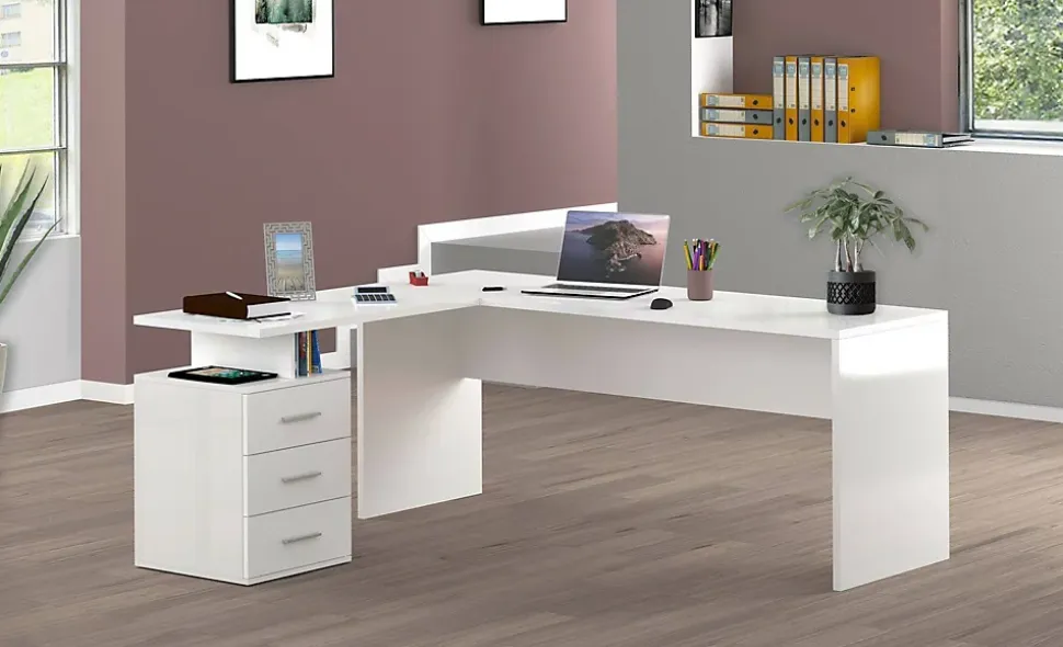 Bureau Dguarin, Bureau d'angle PC, Table de bureau polyvalente, Bureau gain de place multi-positions, 160x60h75 cm, Blanc brillant