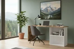 Bureau Dmait, Bureau PC linéaire, Table de bureau polyvalente, Bureau peu encombrant, 110x50h75 cm, Blanc brillant et érable