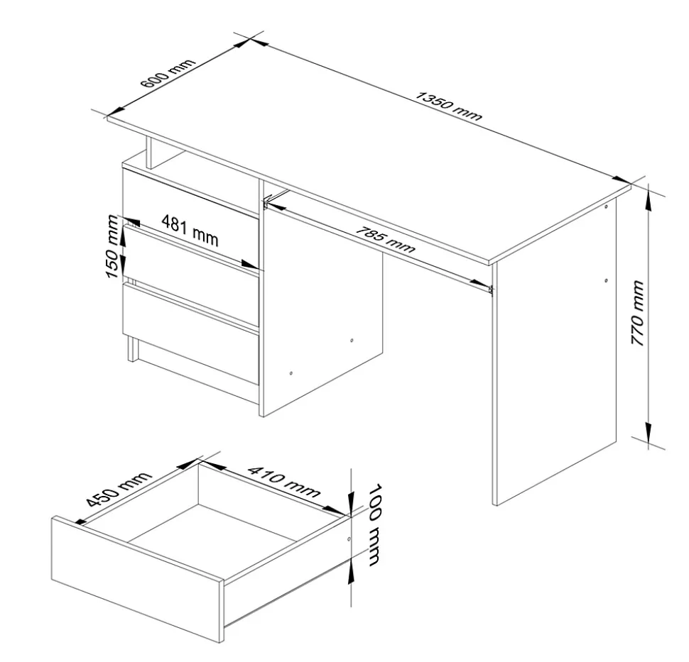 Bureau d'ordinateur AKORD CLP Blanc 135 cm 3 tiroirs façade Blanche 2 étagères 135x60x77 cm