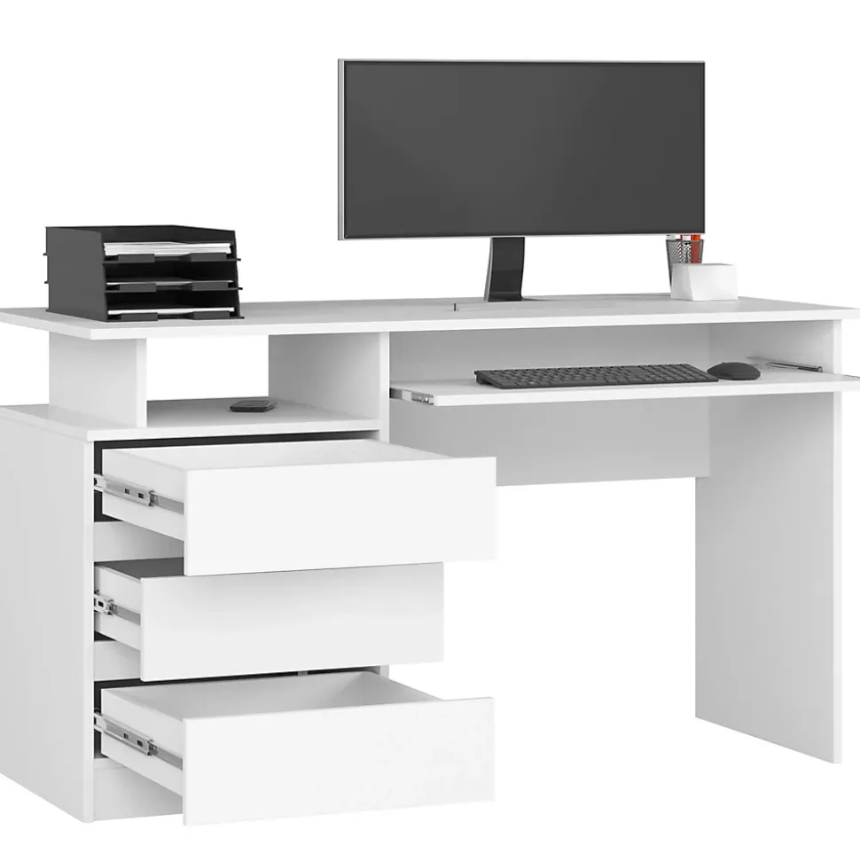 Bureau d'ordinateur AKORD CLP Blanc 135 cm 3 tiroirs façade Blanche 2 étagères 135x60x77 cm