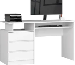 Bureau d'ordinateur AKORD CLP Blanc 135 cm 3 tiroirs façade Blanche 2 étagères 135x60x77 cm