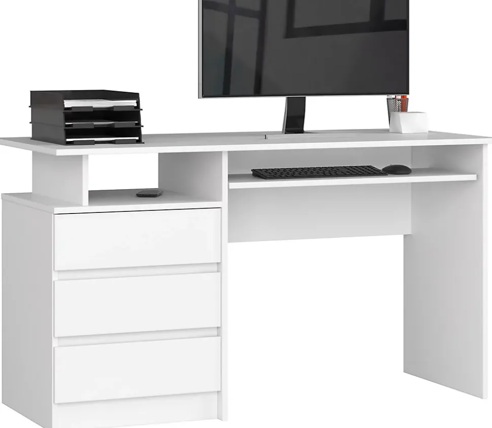 Bureau d'ordinateur AKORD CLP Blanc 135 cm 3 tiroirs façade Blanche 2 étagères 135x60x77 cm