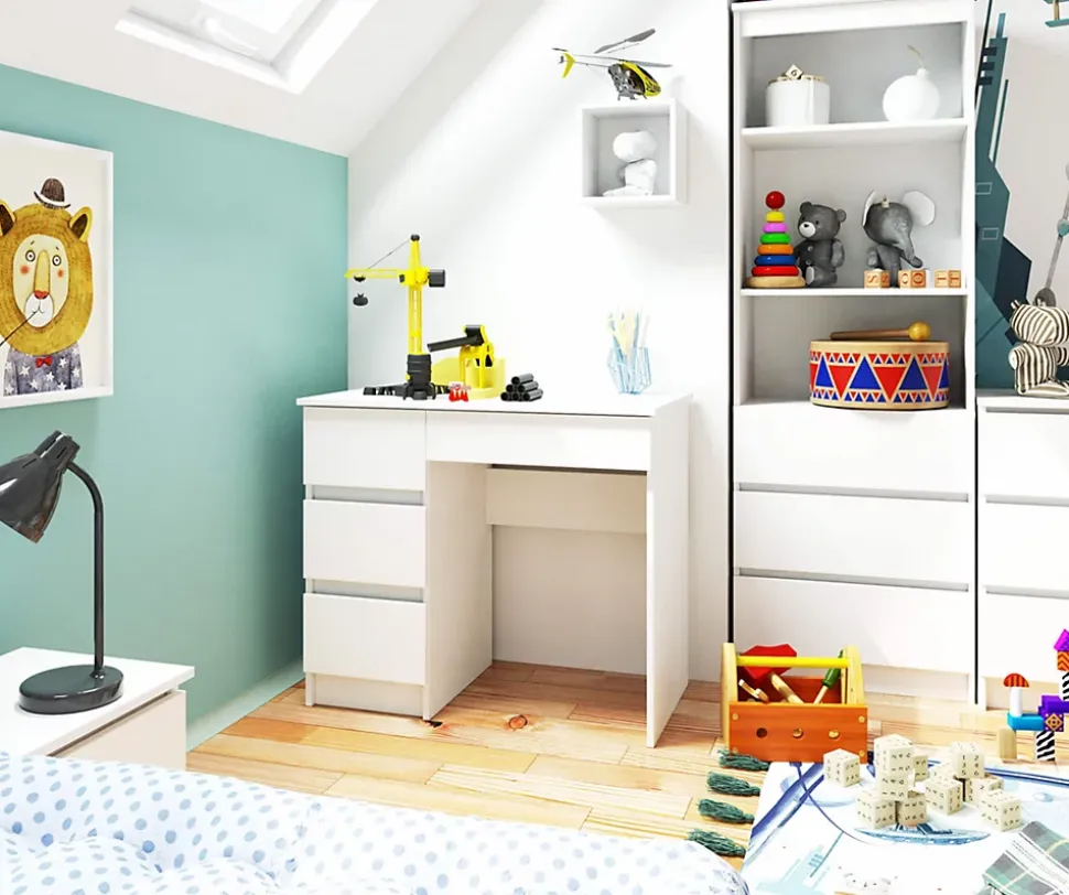 Bureau d'ordinateur AKORD gauche A7 Blanc 90 cm 4 tiroirs façade Blanche 90x50x77 cm