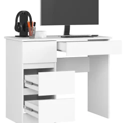 Bureau d'ordinateur AKORD gauche A7 Blanc 90 cm 4 tiroirs façade Blanche 90x50x77 cm