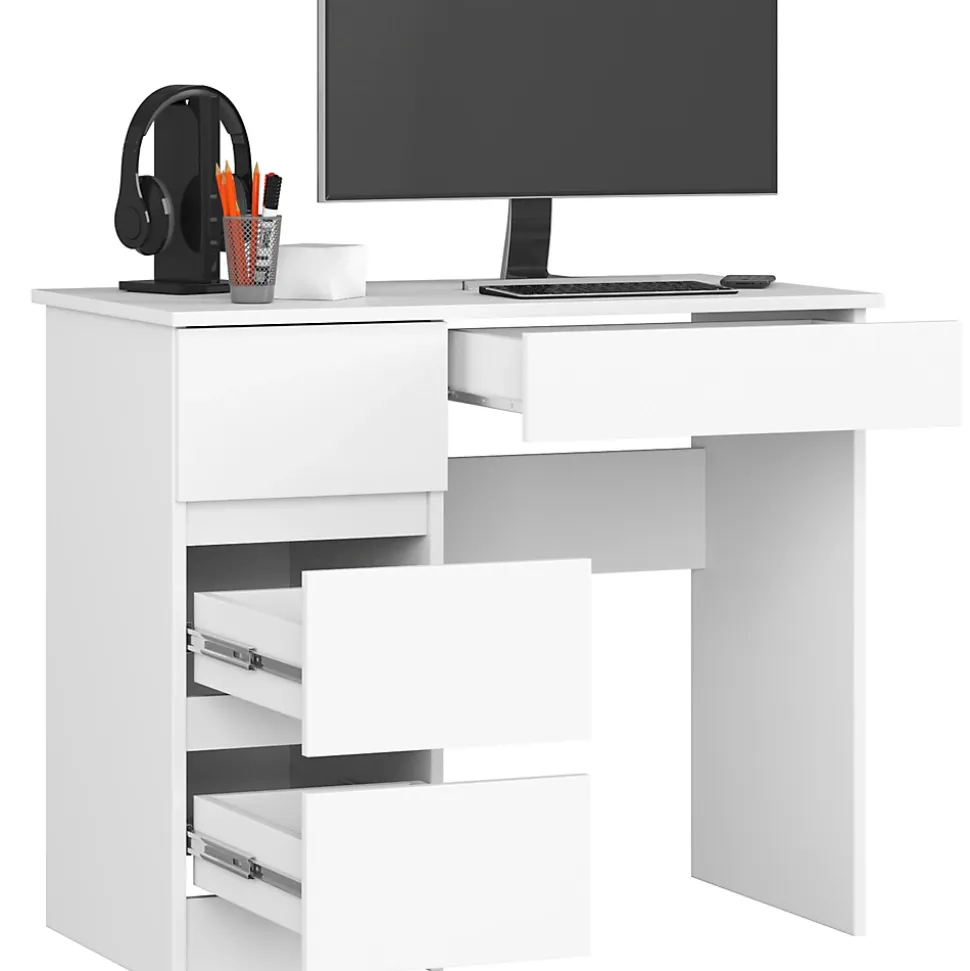 Bureau d'ordinateur AKORD gauche A7 Blanc 90 cm 4 tiroirs façade Blanche 90x50x77 cm