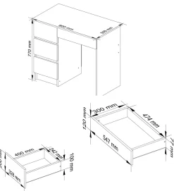 Bureau d'ordinateur AKORD gauche A7 Blanc 90 cm 4 tiroirs façade Blanche 90x50x77 cm