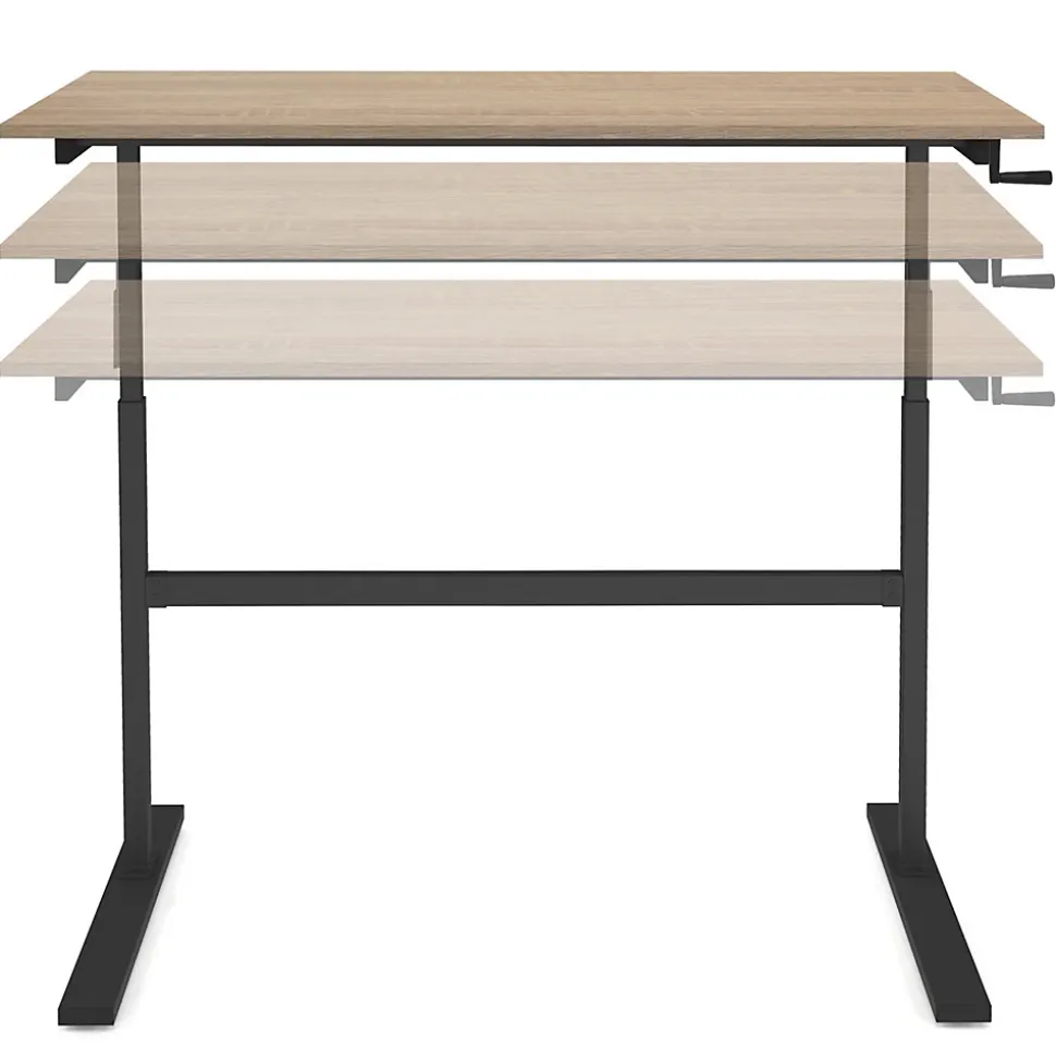 Bureau droit JEANNE assis debout à manivelle hauteur réglable 70 - 120 cm bois façon hêtre et noir