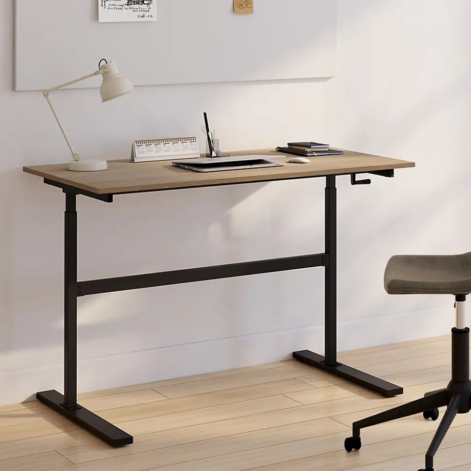 Bureau droit JEANNE assis debout à manivelle hauteur réglable 70 - 120 cm bois façon hêtre et noir