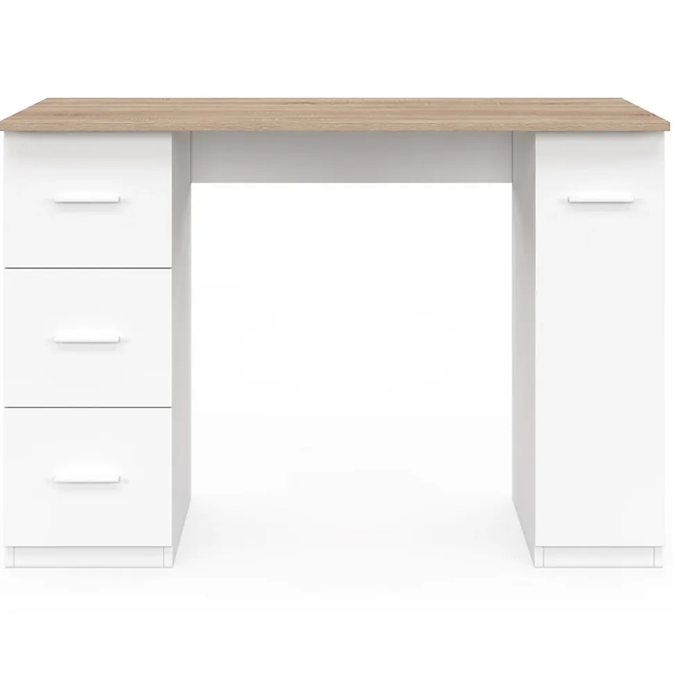 Bureau droit MAE 3 tiroirs et porte placard blanc et bois