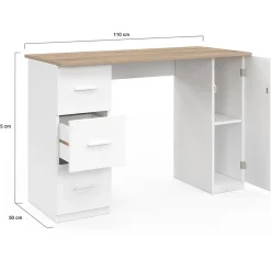 Bureau droit MAE 3 tiroirs et porte placard blanc et bois