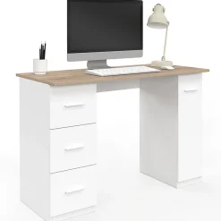 Bureau droit MAE 3 tiroirs et porte placard blanc et bois