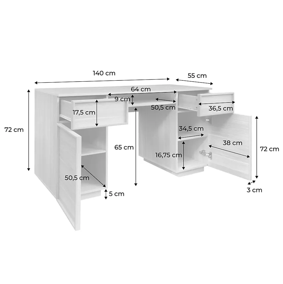 Bureau effet bois naturel 2 portes 2 tiroirs 1 niche 140cm - L 140 x P 55 x H 77cm - Kuba