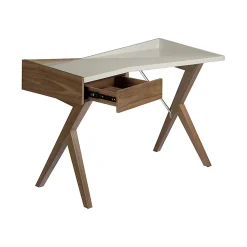 Bureau en Noyer Naturel avec Plateau en MDF Gris et Tiroir de Rangement