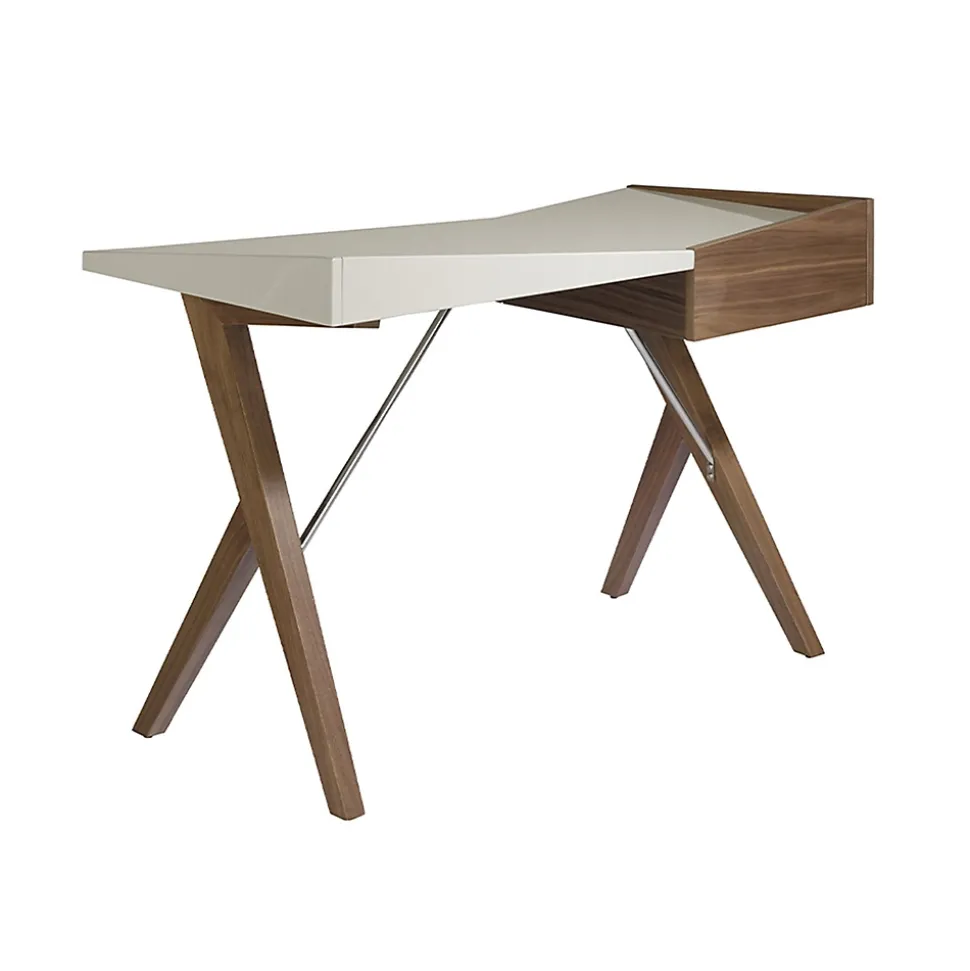 Bureau en Noyer Naturel avec Plateau en MDF Gris et Tiroir de Rangement