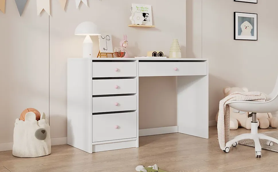 Bureau Enfant - Bureau Ado avec 5 Tiroirs et Rangement, Coiffeuse Bureau MDF, Blanc, 120x45x74 cm