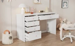 Bureau Enfant - Bureau Ado avec 5 Tiroirs et Rangement, Coiffeuse Bureau MDF, Blanc, 120x45x74 cm