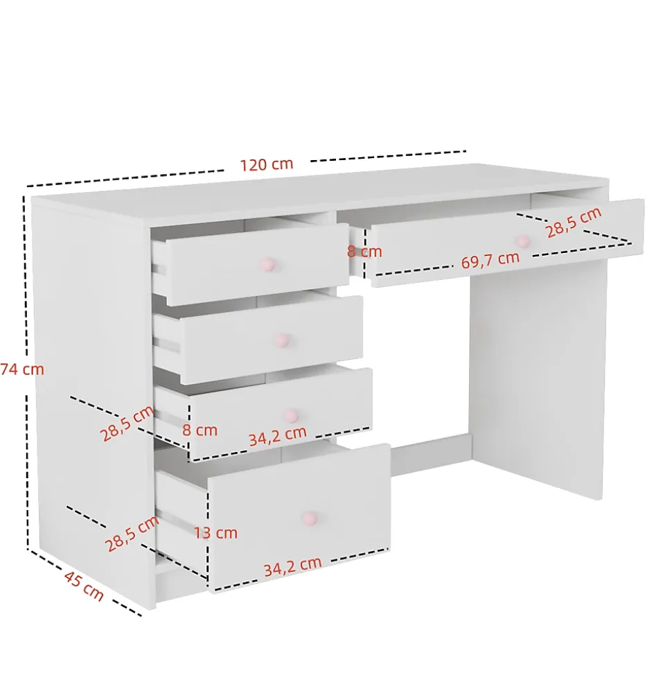 Bureau Enfant - Bureau Ado avec 5 Tiroirs et Rangement, Coiffeuse Bureau MDF, Blanc, 120x45x74 cm