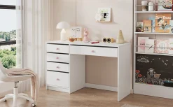 Bureau Enfant - Bureau Ado avec 5 Tiroirs et Rangement, Coiffeuse Bureau MDF, Blanc, 120x45x74 cm