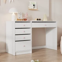 Bureau Enfant - Bureau Ado avec 5 Tiroirs et Rangement, Coiffeuse Bureau MDF, Blanc, 120x45x74 cm