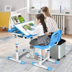 Bureau Enfant avec Chaise Hauteurs Réglables Angle de Bureau Réglable Bleu