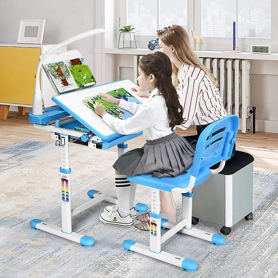 Bureau Enfant avec Chaise Hauteurs Réglables Angle de Bureau Réglable Bleu