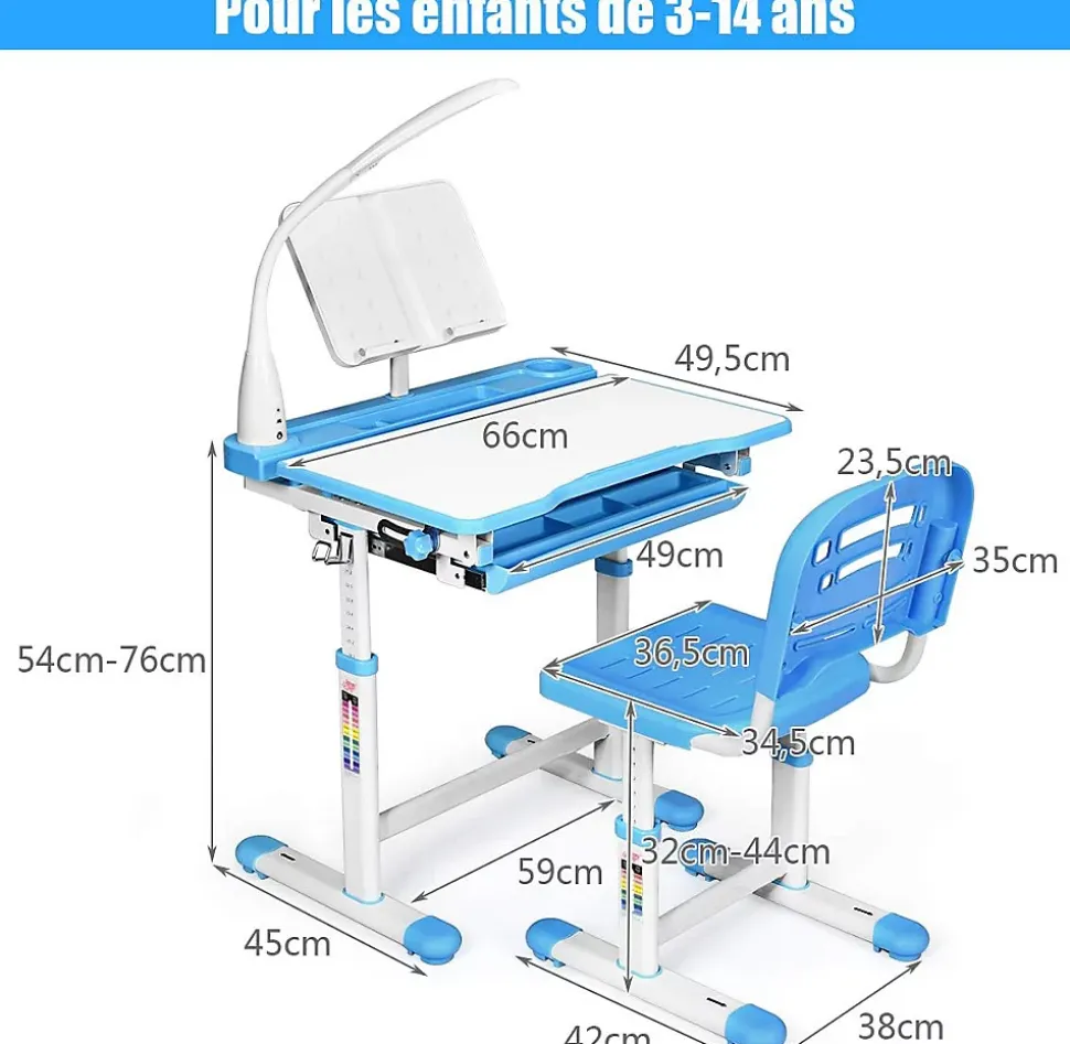 Bureau Enfant avec Chaise Hauteurs Réglables Angle de Bureau Réglable Bleu