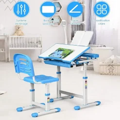 Bureau Enfant avec Chaise Hauteurs Réglables Angle de Bureau Réglable Bleu