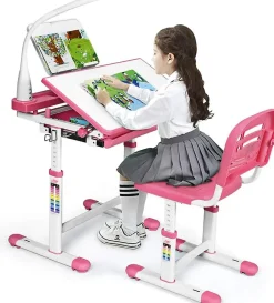 Bureau Enfant avec Chaise Hauteurs Réglables Lampe de Direction Ajustable