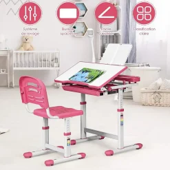 Bureau Enfant avec Chaise Hauteurs Réglables Lampe de Direction Ajustable