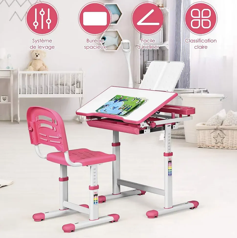 Bureau Enfant avec Chaise Hauteurs Réglables Lampe de Direction Ajustable