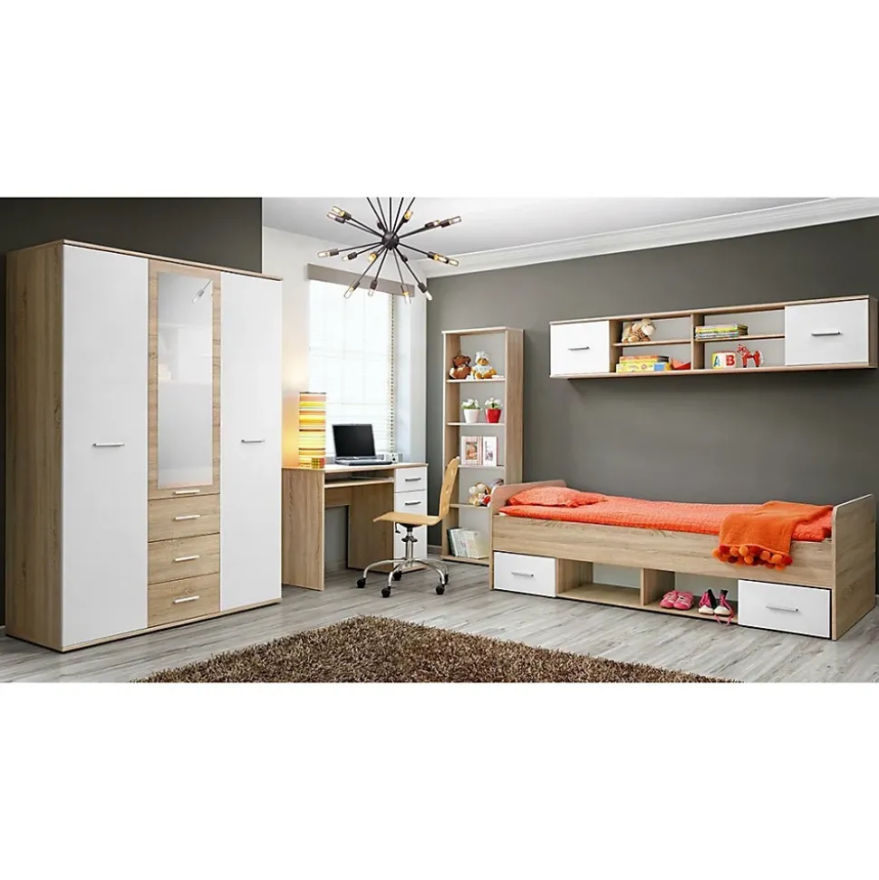 Bureau enfant DENVER Avec tiroir, porte et étagère coulissante Chene et blanc design
