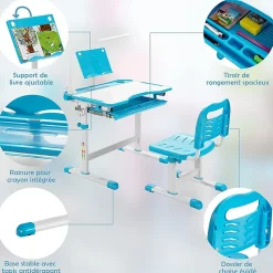 Bureau Enfant Ensemble Table et Chaise pour Enfants avec Lampe Plaque de Table Inclinable Hauteur Angle Réglables Bleu