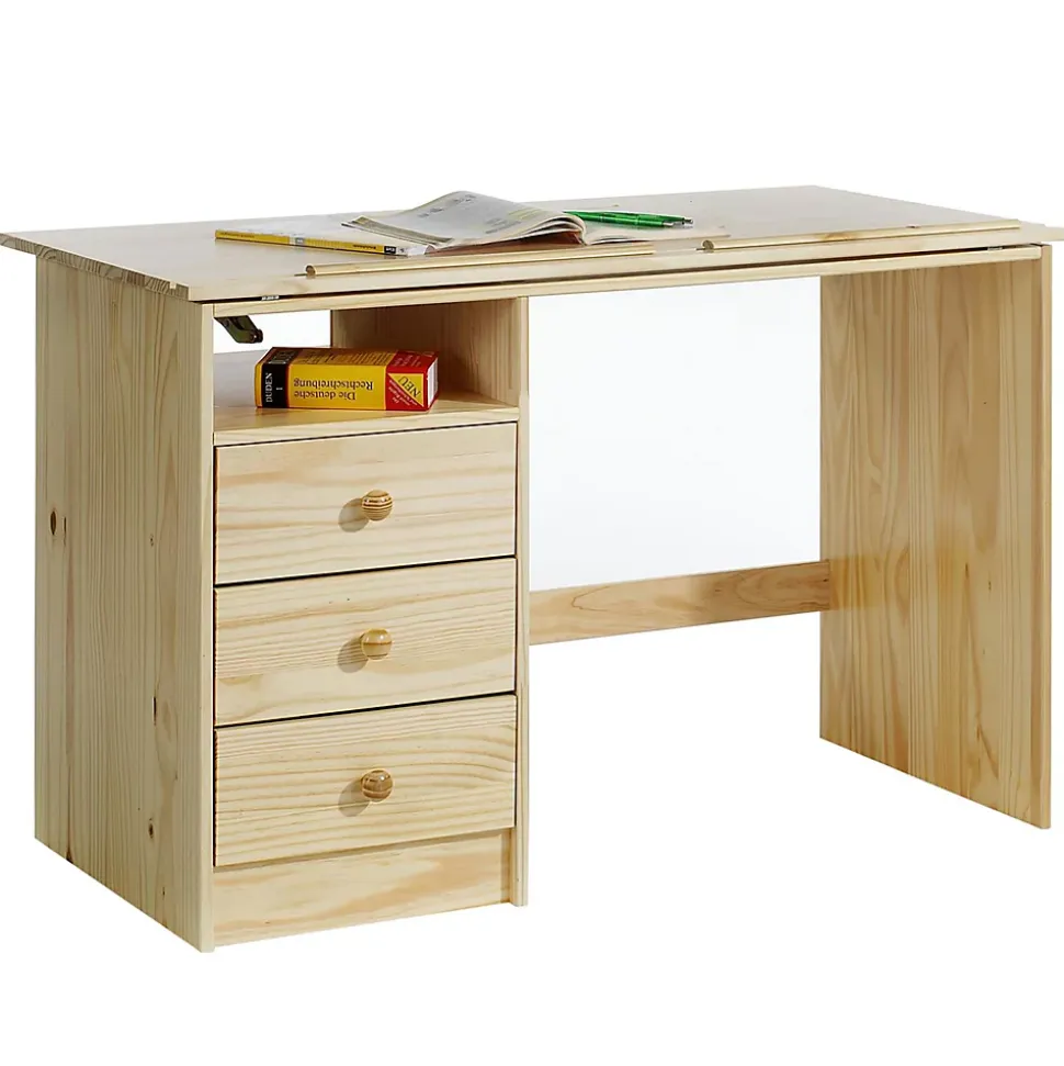 Bureau enfant KEVIN, en pin massif, 3 tiroirs et plateau inclinable, vernis naturel